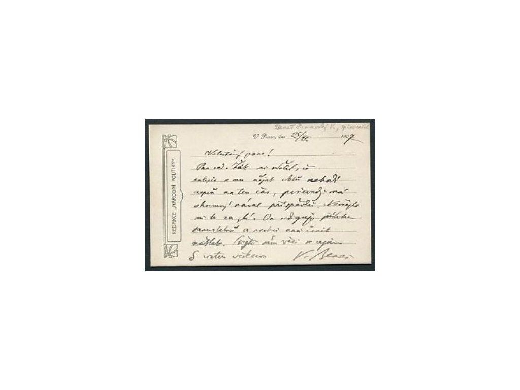 BENEŠ-ŠUMAVSKÝ, Václav. Spisovatel. Lístek z 25. 2.1907.