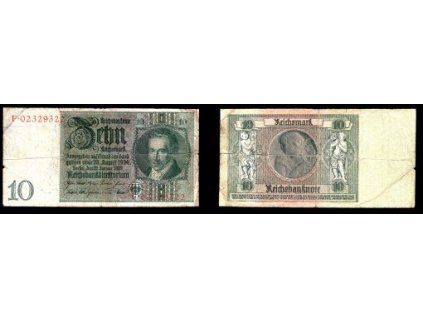 NĚMECKO. 10 Reichsmark. Ro. 173c. 22. 1.1929. Bez podtisku. Série F.
