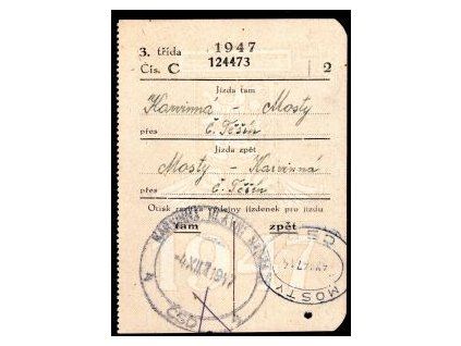 Drážní jízdenka ČSD. Karviná - Mosty, přes Č. Těšín. 4.XII.1947.