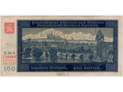 Protektorát Čechy a Morava. 100 korun 1940. Série A 34. Nov. 38a.