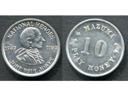 USA. Herní žeton. JOHN PAUL JONES NATIONAL HEROES 1747 - 1792. MAZUMA 10 PLAY MONEY.