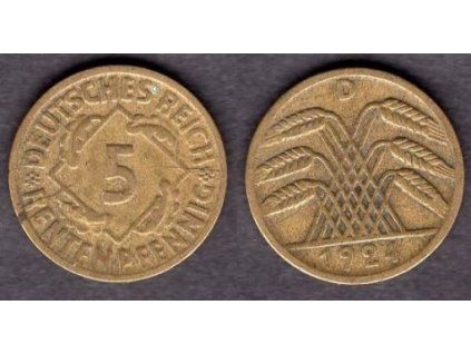 NĚMECKO. 5 Rentenpfennig 1924/D. Prasklé razidlo.