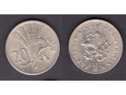 ČESKOSLOVENSKO. 20 haléřů 1937. Nedoraženo.