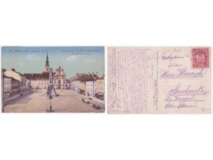 Sankt Pölten. Rathausplatz mit Franziskanerkirche und Dreifaltigkeitssäule. 1918