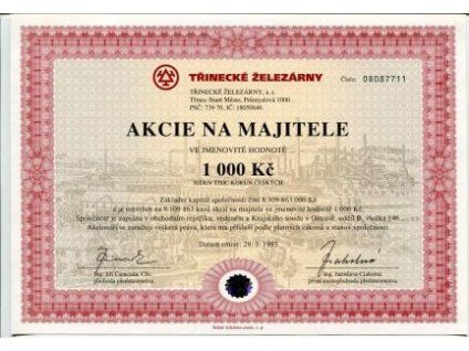 ČESKO. Třinecké železárny. Akcie na 1 000 Kč