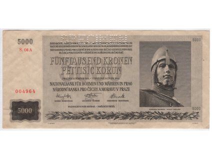 Protektorát Čechy a Morava. 5000 korun 1944. Série A 04. Nov. 41.