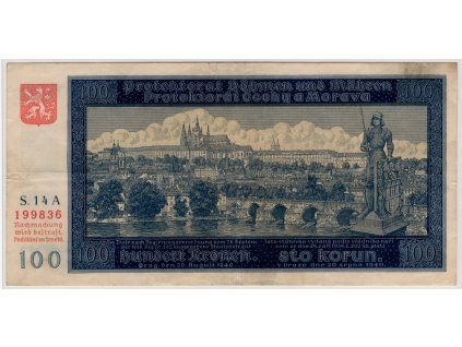 Protektorát Čechy a Morava. 100 korun 1940. Série A 14. Nov. 38a.