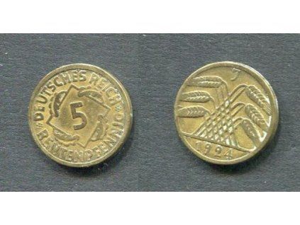 NĚMECKO. 5 Rentenpfennig 1924/J.