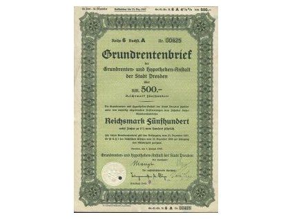 NĚMECKO. Grundrenten- und Hypotheken-Anstalt der Stadt Dresden. 1938.