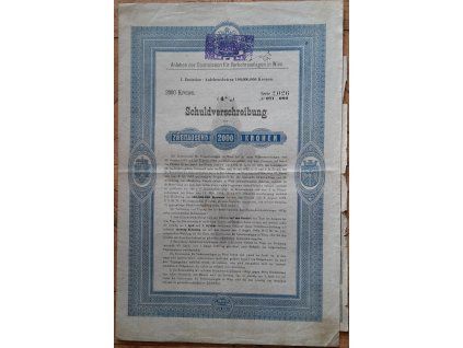 RAKOUSKO. Commission für Verkehrsanlagen in Wien. Dluhopis na 2000 korun. Čsl. kolky.1894.