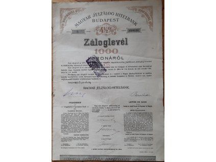 Maďarsko. Magyar Jelzálog-Hitelbank Budapest. Obligace 1000 Korun. 1910. Čsl. kolek.