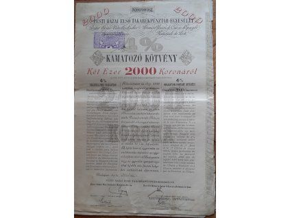 MAĎARSKO. Pesti Hazai Elsö Takarékénztár-Egyesület. 2000 koronáról. Dluhopis. 1902.