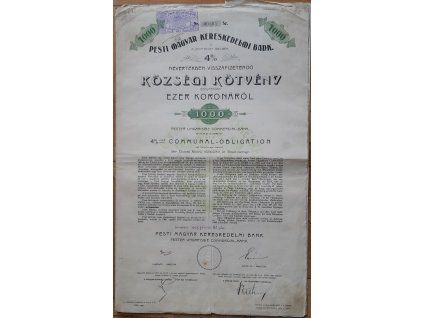 MAĎARSKO. Pesti Magyar Kereskedelmi Bank. Communal-Obligation. 1000 koronáról. 1903.