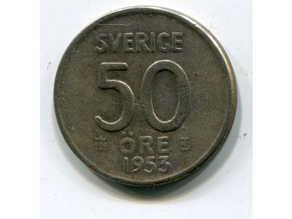 ŠVÉDSKO. 50 öre 1953. Ag.