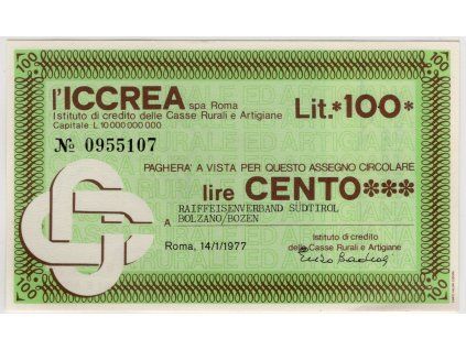 ITÁLIE.  ICCREA Roma. I stituto di credito delle Casse Rurali e Artigiane. 100 lire. 14. 1.1977.