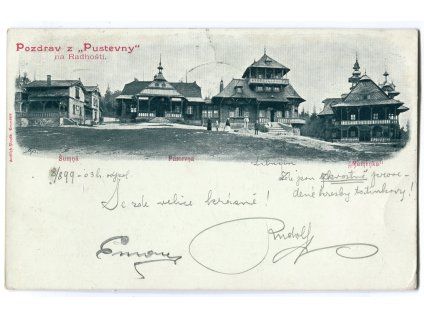 PUSTEVNY. Pozdrav z Pustevny na Radhošti. 1899. Adresát i odesílatel - děti Mikoláše Alše.