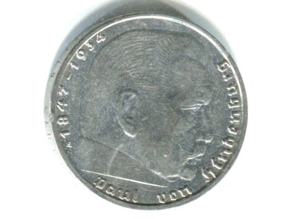 NĚMECKO. 2 Mark 1938/A. Hindenburg, hákový kříž. Ag.