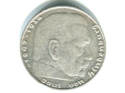 NĚMECKO. 5 Mark 1936/D. Hindenburg, hákový kříž. Ag.