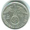 NĚMECKO. 2 Mark 1939/B. Hindenburg, hákový kříž. Ag.